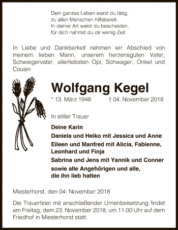 Traueranzeige von Wolfgang Kegel von Uelzen