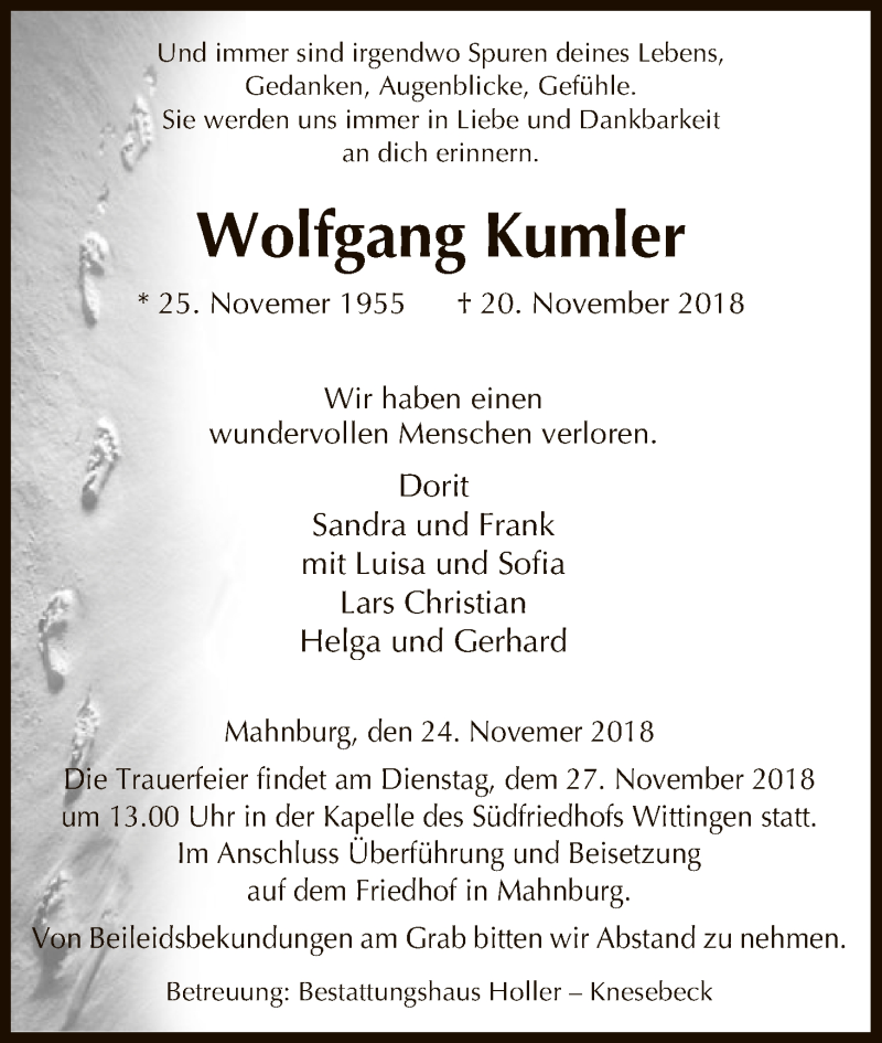  Traueranzeige für Wolfgang Kumler vom 24.11.2018 aus Uelzen