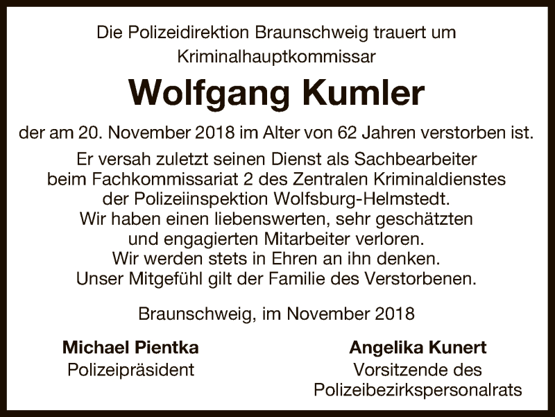  Traueranzeige für Wolfgang Kumler vom 24.11.2018 aus Uelzen