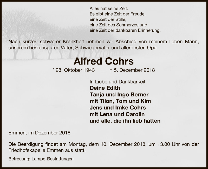 Traueranzeige für Alfred Cohrs vom 07.12.2018 aus Uelzen