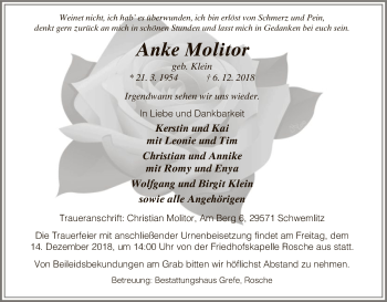 Traueranzeige von Anke Molitor von Uelzen