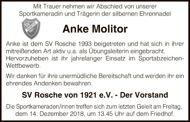  Traueranzeige für Anke Molitor vom 08.12.2018 aus Uelzen