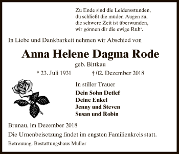 Traueranzeige von Anna Helene Dagma Rode von Uelzen