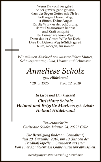 Traueranzeige von Anneliese Scholz von Uelzen