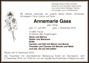 Traueranzeige von Annemarie Gaas von Uelzen