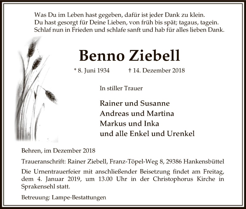  Traueranzeige für Benno Ziebell vom 21.12.2018 aus Uelzen