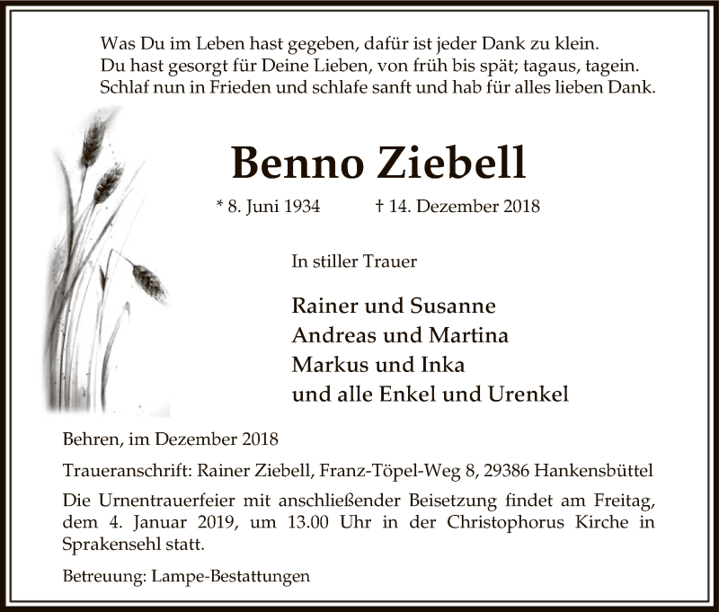  Traueranzeige für Benno Ziebell vom 21.12.2018 aus Uelzen