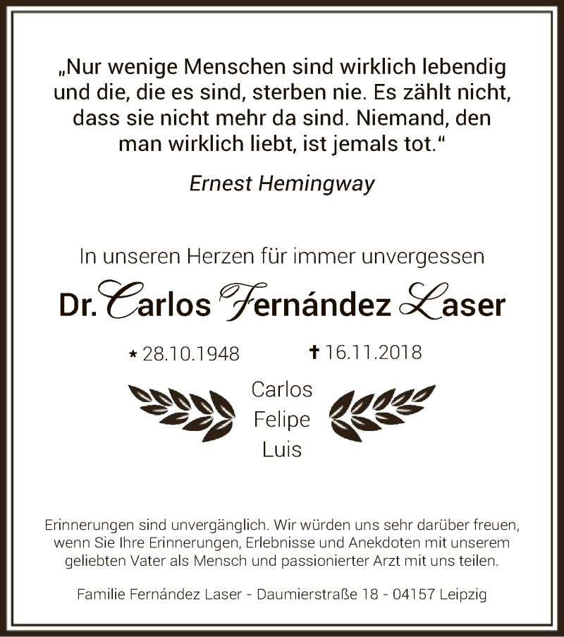  Traueranzeige für Carlos Fernández Laser vom 15.12.2018 aus Uelzen