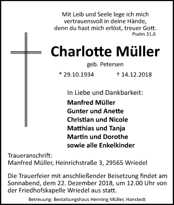 Traueranzeige von Charlotte Müller von Uelzen