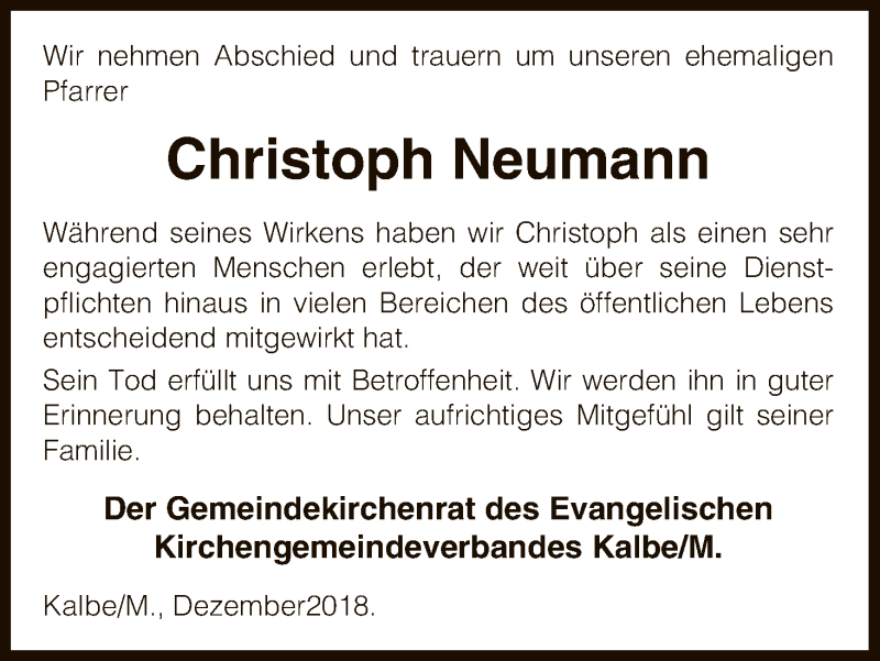  Traueranzeige für Christoph Neumann vom 21.12.2018 aus Uelzen