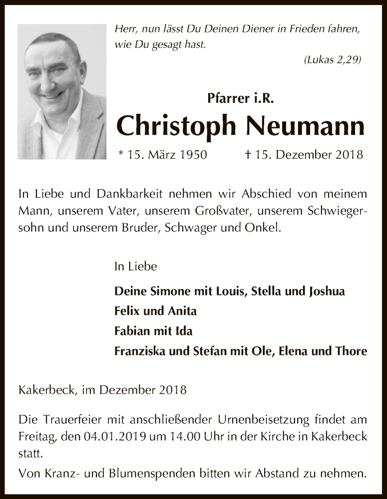  Traueranzeige für Christoph Neumann vom 20.12.2018 aus Uelzen
