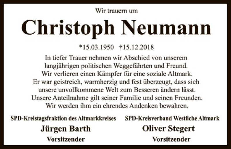  Traueranzeige für Christoph Neumann vom 22.12.2018 aus Uelzen