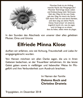 Traueranzeige von Elfriede  Minna Klose von Uelzen