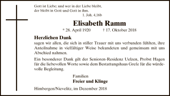 Traueranzeige von Elisabeth Ramm von Uelzen