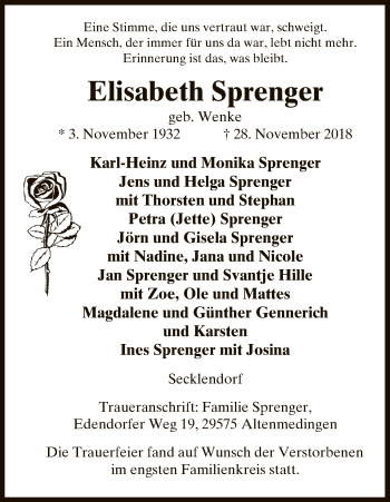 Traueranzeige von Elisabeth Sprenger von Uelzen