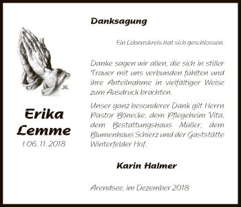 Traueranzeige von Erika Lemme von Uelzen