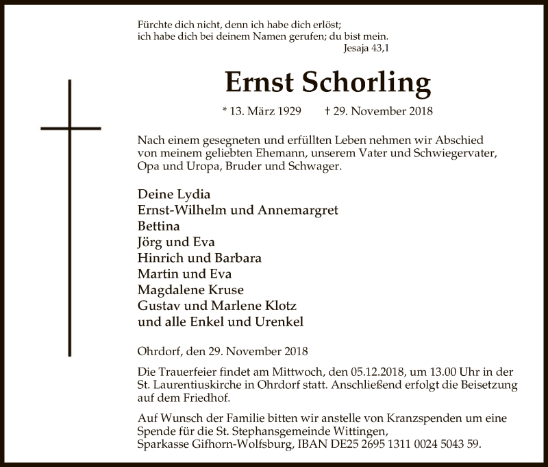  Traueranzeige für Ernst Schorling vom 01.12.2018 aus Uelzen