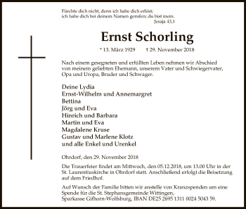 Traueranzeige von Ernst Schorling von Uelzen