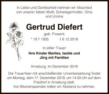 Traueranzeige von Gertrud Diefert von Uelzen