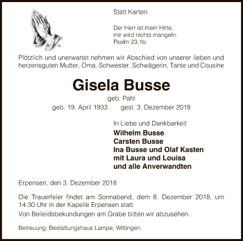 Traueranzeige von Gisela Busse von Uelzen