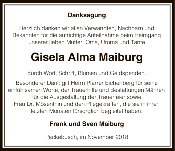 Traueranzeige von Gisela Alma Maiburg von Uelzen