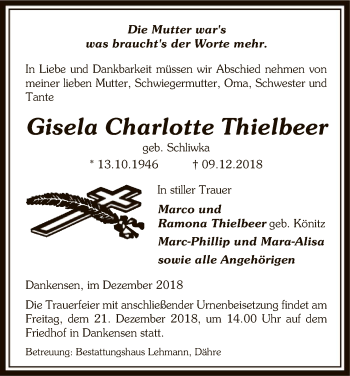 Traueranzeige von Gisela Charlotte Thielbeer von Uelzen