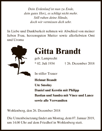 Traueranzeige von Gitta Brandt von Uelzen