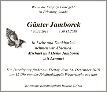 Traueranzeige von Günter Jamborek von Uelzen