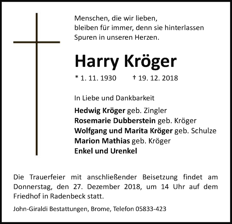  Traueranzeige für Harry Kröger vom 22.12.2018 aus Uelzen