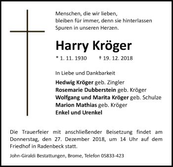 Traueranzeige von Harry Kröger von Uelzen