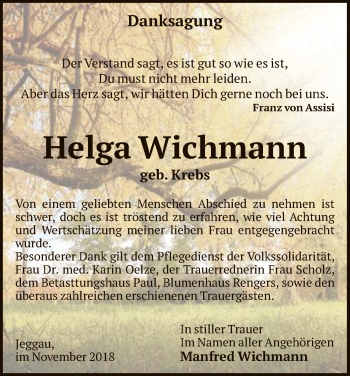 Traueranzeige von Helga Wichmann von Uelzen