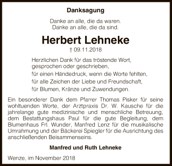 Traueranzeige von Herbert Lehneke von Uelzen