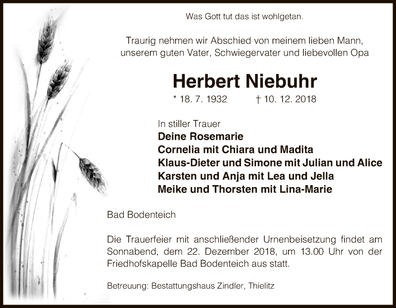  Traueranzeige für Herbert Niebuhr vom 15.12.2018 aus Uelzen