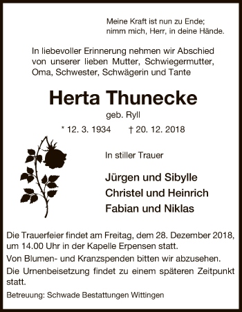 Traueranzeige von Herta Thunecke von Uelzen