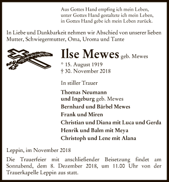 Traueranzeige von Ilse Mewes von Uelzen