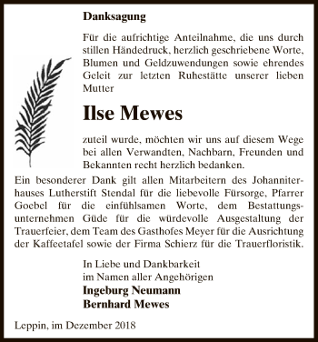 Traueranzeige von Ilse Mewes von Uelzen