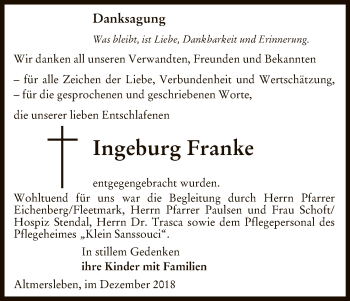 Traueranzeige von Ingeburg Franke von Uelzen