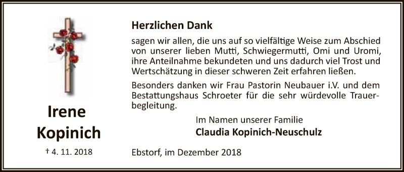  Traueranzeige für Irene Kopinich vom 01.12.2018 aus Uelzen