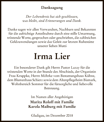 Traueranzeige von Irma Lier von Uelzen