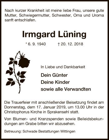 Traueranzeige von Irmgard Lüning von Uelzen