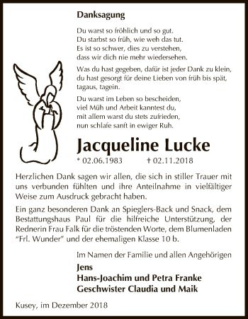 Traueranzeige von Jacqueline Lucke von Uelzen