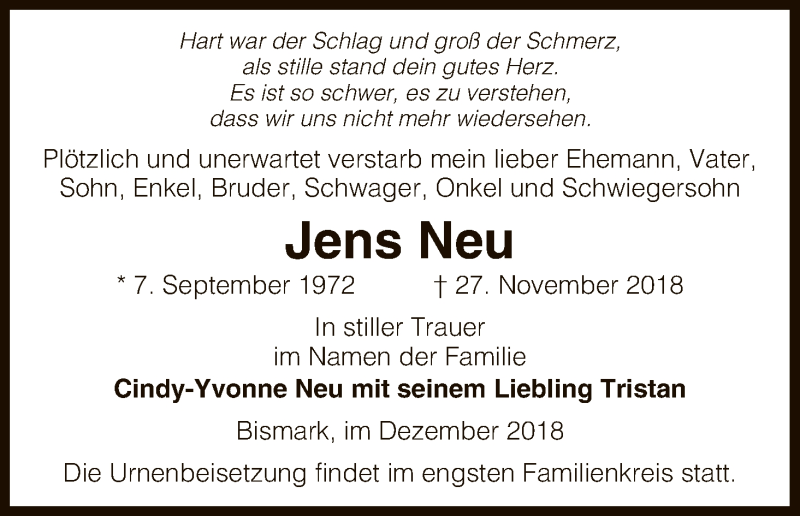  Traueranzeige für Jens Neu vom 04.12.2018 aus Uelzen