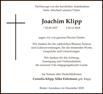 Traueranzeige von Joachim Klipp von Uelzen