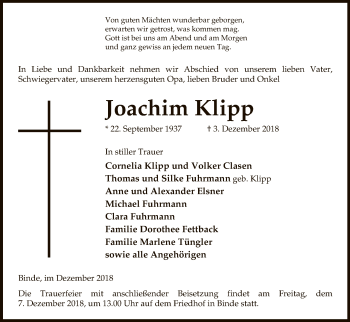 Traueranzeige von Joachim Klipp von Uelzen