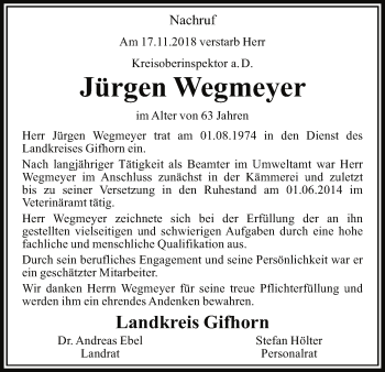 Traueranzeige von Jürgen Wegmeyer von Uelzen