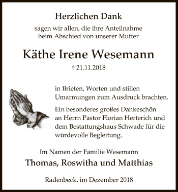 Traueranzeige von Käthe Irene Wesemann von Uelzen