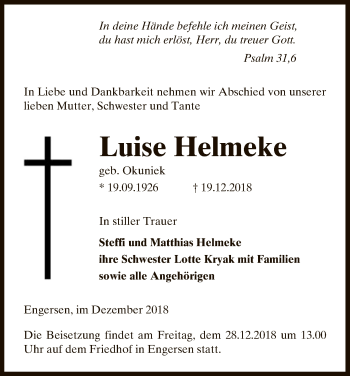 Traueranzeige von Luise Helmeke von Uelzen