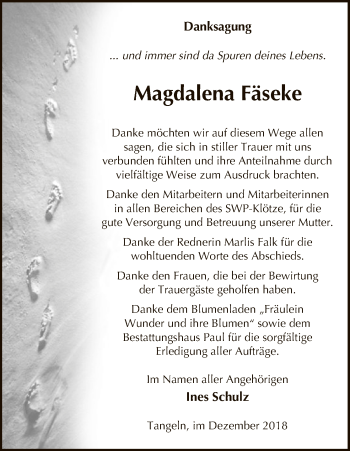 Traueranzeige von Magdalena Fäseke von Uelzen