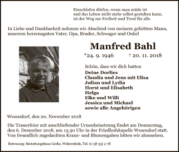 Traueranzeige von Manfred Bahl von Uelzen