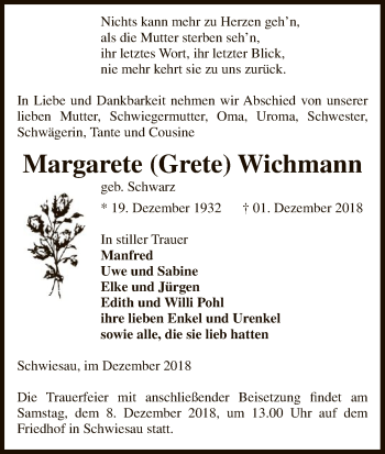 Traueranzeige von Margarete Grete Wichmann von Uelzen